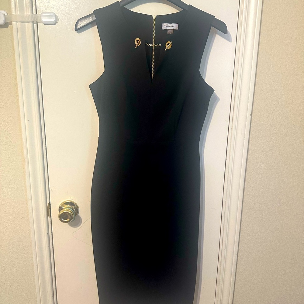 Calvin Klein Black Sheath Midi Dress V-Neck Sleeveless
